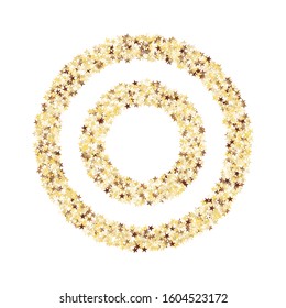 Round Frame of Small Star Confetti. Wreath. Golden Christmas Pattern. Trendy Decoration for Holiday Cover Print Poster. Realistic Glitter. Isolated Christmas Pattern. Vector.