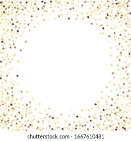 Round Frame of Small Star Confetti. Wreath. Golden Christmas Background. Bright Decoration for Holiday Cover Card Print. Realistic Glitter. Isolated Christmas Background. Vector.