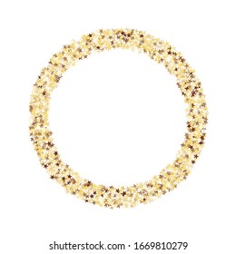 Round Frame of Small Star Confetti. Wreath. Golden Party Background. Festive Decoration for Holiday Wallpaper Banner Poster. Realistic Glitter. Isolated Party Background. Vector.