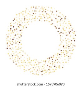 Round Frame of Small Star Confetti. Wreath. Golden Party Background. Trendy Decoration for Holiday Print Banner Card. Realistic Glitter. Isolated Party Background. Vector.