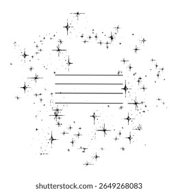 Quadro redondo com estrelas pequenas com textura mal impressa, impressão desgastada, riscos. Ilustração vetorial com tiras de escrita. Modelo para blocos de anotações e álbuns de desenho como página principal. Preto sobre branco