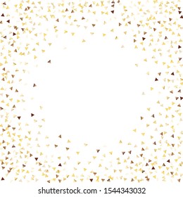 Round Frame of Small Triangle Confetti. Wreath. Golden New Year Background. Trendy Decoration for Holiday Poster Cover Card. Realistic Glitter. Isolated NewYear Background. Vector.