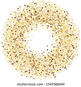 Round Frame of Small Triangle Confetti. Wreath. Golden New Year Background. Festive Decoration for Holiday Cover Card Print. Realistic Glitter. Isolated NewYear Background. Vector.