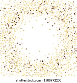 Round Frame of Small Triangle Confetti. Wreath. Golden Christmas Pattern. Bright Decoration for Holiday Banner Poster Wallpaper. Realistic Glitter. Isolated Christmas Pattern. Vector.
