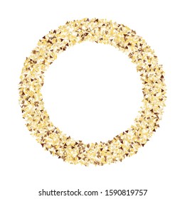 Round Frame of Small Triangle Confetti. Wreath. Golden Christmas Background. colorful Decoration for Holiday Card Print Cover. Realistic Glitter. Isolated Christmas Background. Vector.