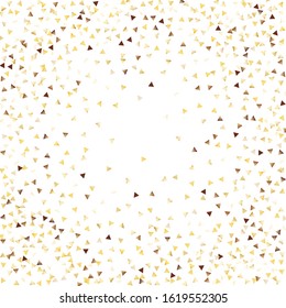 Round Frame of Small Triangle Confetti. Wreath. Golden Christmas Background. Festive Decoration for Holiday Cover Poster Banner. Realistic Glitter. Isolated Christmas Background. Vector.