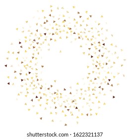 Round Frame of Small Triangle Confetti. Wreath. Golden New Year Pattern. Bright Decoration for Holiday Wallpaper Banner Print. Realistic Glitter. Isolated New Year Pattern. Vector.