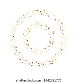 Round Frame of Small Triangle Confetti. Wreath. Golden Party Pattern. Bright Decoration for Holiday Card Print Banner. Realistic Glitter. Isolated Party Pattern. Vector.