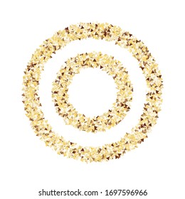 Round Frame of Small Triangle Confetti. Wreath. Golden Party Background. Festive Decoration for Holiday Wallpaper Print Cover. Realistic Glitter. Isolated Party Background. Vector.