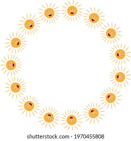 Round frame with smiling sun on white background. Vector image.