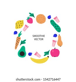 Round frame with smoothie ingredients. Healthy food concept for banner, menu, design. Hand drawn vector illustration