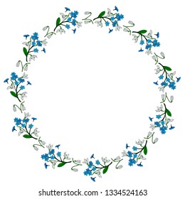 Round frame with snowdrops and flowers forget-me-not. Isolated wreath on white background for your design
