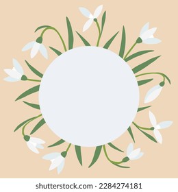 Runder Rahmen mit Schneeverhältnissen, Frühlingsblumen auf beigem Hintergrund, Ort für Text, Vektorgrafik