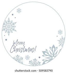 Round frame with snowflakes and greeting text:"Merry Christmas!". Copy space. Vector clip art.