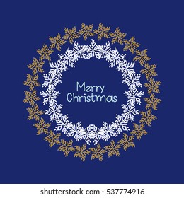 Round frame of snowflakes. Merry Christmas and happy new year. Vector illustration isolated on blue background for decorating cards, christmas packaging, poster, celebratory events.