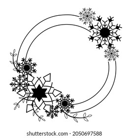 Marco redondo con copas de nieve y permiso de oliva. borde de Navidad para postal, elemento de diseño para decoración de invierno. Hermosa corona navideña. Dibujo lineal negro sobre fondo blanco. Vector