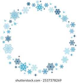 round frame of snowflakes on a blue background