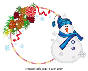 Round frame with snowman, pine branches and cones. Christmas design element. Vector clip art.