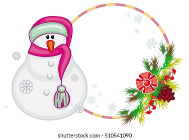 Round frame with snowman, pine branches and cones. Christmas design element. Vector clip art.