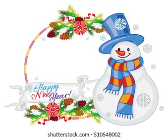 Round frame with snowman, pine branches, cones and greeting text:"Happy New Year!". Christmas design element. Vector clip art.