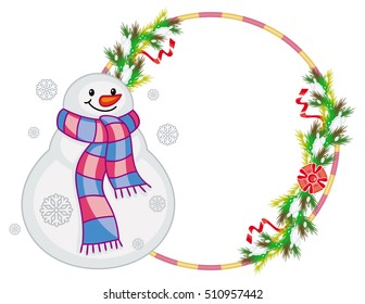 Round frame with snowman, pine branches and cones. Christmas design element. Vector clip art.