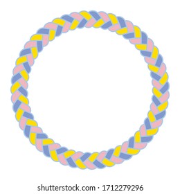 Round frame in soft pastel pink, blue and yellow on white background. Braided texture creating circular wreath of threads or ribbons. Beautiful design for your card or poster in elegant rustic style.