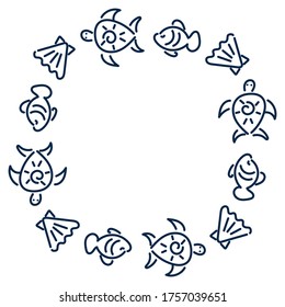Round frame with space for text. Hand-drawn Fish, sea turtles and shells. Dark outline on a white background.