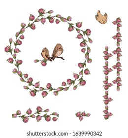 round frame with space for text on a white background.  Pink flowers and buds, three birds and seamless flower brushes for decoration on Easter and Valentine's Day, for spring holidays