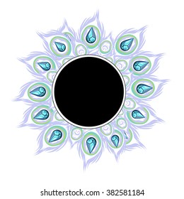 Round frame with space for text, photos or paintings with ornament of bird feathers and precious stones. Vector illustration.