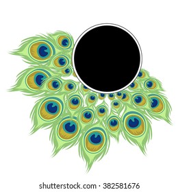 Round frame with space for text, photos or paintings with ornaments of peacock feathers. Vector illustration.