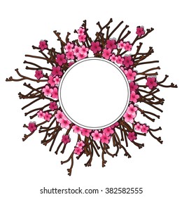 Round frame with space for text, photos or paintings with ornaments from the branches of cherry blossoms. Vector illustration.