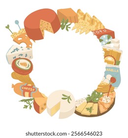 Round frame with space for text surrounded by cheese decor. Appetizer for the main course. Fermented milk products. Vector illustration for a grocery store and restaurant menu.