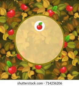 Round frame with space for your text decorated with leaves and ripe apples. Vector cartoon close-up illustration.