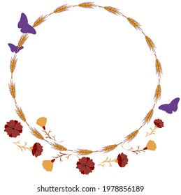 Round frame of spikelets with butterflies and small flowers. Vector illustration