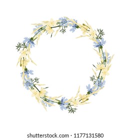 Round frame of spikelets and cornflowers, vector illustration with space for text.