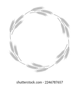 A round frame of spikelets of wheat, oats, rye, or barley. Grain plant border, agricultural frame with black and white spikelets. Banner for beer, bread, flour packaging design
