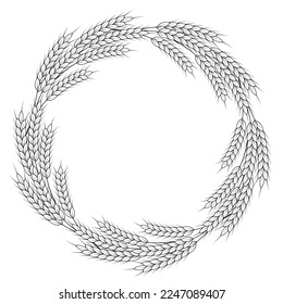 A round frame of spikelets of wheat, oats, rye, or barley. Grain plant border, agricultural frame with black and white spikelets. Banner for beer, bread, flour packaging design