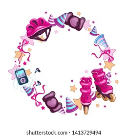 Round frame with sports accessories roller skating. Roller skates, helmet, music player, slalom chips. Vector shape for text or photo with cartoon objects.