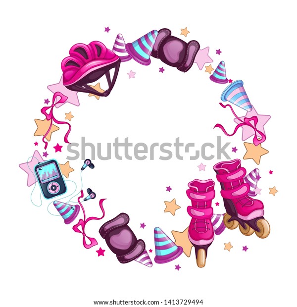 Round frame with sports accessories\
roller skating. Roller skates, helmet, music player, slalom chips.\
Vector shape for text or photo with cartoon\
objects.