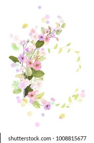 Round frame with spring blossom (bloom), branches with mauve, pink apple tree flowers, buds, green leaves on white background. Digital draw, illustration in watercolor style, vintage, vector