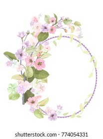 Round frame with spring blossom (bloom), branches with mauve, pink apple tree flowers, buds, green leaves on white background. Digital draw, illustration in watercolor style, vintage, vector