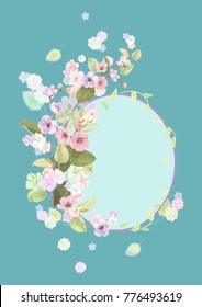 Round frame with spring blossom (bloom), branches with mauve, pink apple tree flowers, buds, green leaves on turquoise background. Digital draw, illustration in watercolor style, vintage, vector