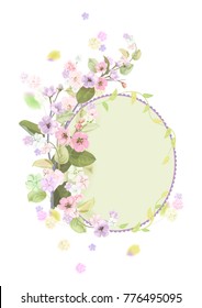 Round frame with spring blossom (bloom), branches with mauve, pink apple tree flowers, buds, green leaves on white background. Digital draw, illustration in watercolor style, vintage, vector
