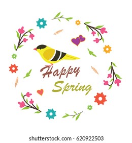 Round frame of spring flowers and a bird.