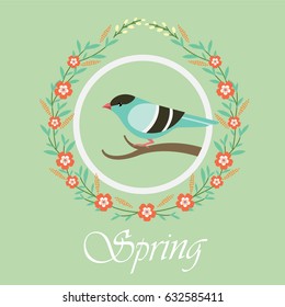 Round frame of spring flowers and a bird.