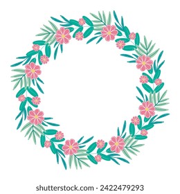 Round frame with spring flowers and herbs, copy space. Floral summer wreath. Flowers, foliage and herbs bezel. Blank template for invitation, card and design, isolated vector illustration