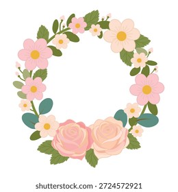 Ein runder Rahmen aus Frühlingsblumen und Blättern, bestehend aus großen Blüten und Grün. Reine Vektorgrafik einzeln auf weißem Hintergrund.