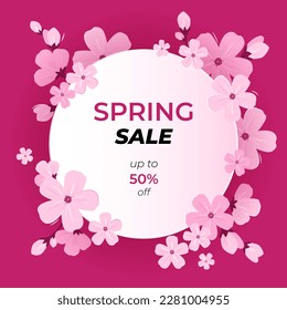 Marco redondo con flores de primavera y lugar de texto. Diseño de banner con descuento de temporada con flor sakura