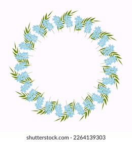 Round frame of spring flowers and twigs. Vector flat illustration. Wedding card decoration. Greeting card. White background.