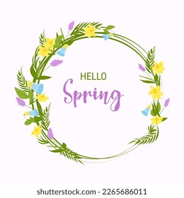 Marco redondo de flores y ramas primaverales. Ilustración plana vectorial. Decoración de la tarjeta de bodas. Tarjeta de felicitación. Fondo blanco.